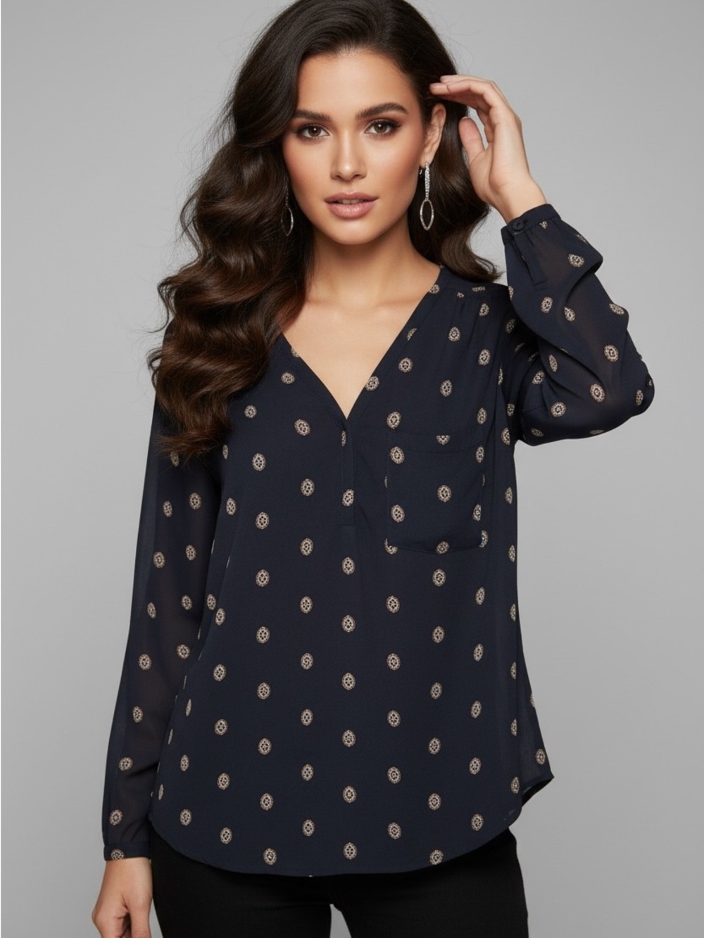 Pleione Blue Sheer Blouse with Gold Medallion Print
